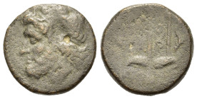 Sicily, Syracuse. Hieron II. c. 275-216 BC. Æ Litra. (19,2 mm, 6,3 g). Head of Poseidon left, wearing tainia. R/ Ornamented trident head flanked by tw...