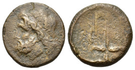 Sicily, Syracuse. Hieron II. c. 275-216 BC. Æ Litra. (19,8 mm, 5,3 g). Head of Poseidon left, wearing tainia. R/ Ornamented trident head flanked by tw...