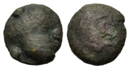 Selinus. Circa 443-415. Æ Tetras (16,7 mm, 6 g) Head of river god l. R/ Selinon leaf; around, three pellets. SNG ANS –. Calciati 6.