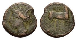 Zeugitania, Carthage. c. 400-350 BC. Æ (14,7 mm, 2 g). Wreathed head of Tanit left. R/ Horse standing right; palm tree in background. MAA 18; SNG Cope...