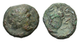 Kings of Macedon. Pausanias. 394 - 393 BC. Æ (14mm, 3,50gr.). Bisaltai mint. Head of Themenos (Founder of Alexander’s dynasty from ARGOS) wearing
tain...