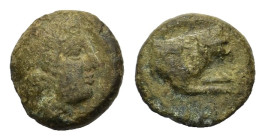 Kings of Macedon. Pausanias. 394 - 393 BC. AE (12mm, 2,00gr.).Bisaltai mint. Head of Themenos (Founder of Alexander’s dynasty from ARGOS) wearing tain...