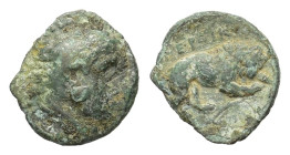 Kings of Macedon. Perdikkas III (brother of Philip II), 365-359 BC. Æ
(14mm, 2,00gr.). Head of youthful Herakles to right, wearing lion's
skin headdre...
