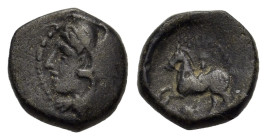 Kings of Macedon. Philip II. 359-336 BC. Æ unit (14,7 mm,3,4 g). Head of young Herakles left, wearing lion skin headdress. R/ youth brandishing whip o...