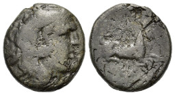Kings of Macedon. Philip II AD 247-249. Æ (18 mm, 6,9 g) Head of Herakles right, wearing lion skin. R/ warrior on horse rearing right. Cf SNG ANS 1002...