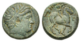 Kings of Macedon. Philip II. 359-336 BC. Æ Double Unit (20mm, 8,30gr.). Amphipolis mint. Diademed head of Apollo right. R/ Youth on horseback right; ....