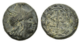 Kings of Macedon. Philip V. 221-179 BC. Æ (15mm, 3,70gr.). Uncertain mint.  Head of Perseus right, wearing Phrygian helmet. R/ BA Φ Harpa within wreat...