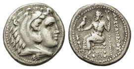 Kings of Macedon. Alexander III The Great. Circa 325-323 BC. AR Drachm (16,4 mm, 4,1 g). Miletus. Head of Herakles r., wearing lionskin headdress. R/ ...