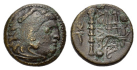 Kings of Macedon. Alexander III the Great. 336-323 BC. Uncertain Asia mint. 323-310 BC. Æ (24 mm, 6 g) Herakles / Bow in case & club. torchObv: Head o...