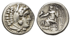 Kings of Macedon. Alexander III the Great. 336-323 BC. AR drachm (17,5 mm, 4.2 g). Head of Alexander as Hercules right wearing lion-skin headdress, pa...