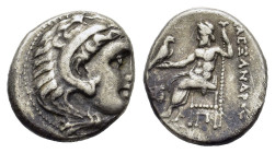 Kings of Macedon. Alexander III the Great. 336-323 B.C. AR drachm (15,5mm, 4,2 g). Kolophon. Head of Herakles to right, wearing lion skin headdress R ...