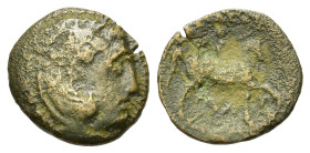 Kings of Macedon. Alexander III 'the Great'. 336-323 BC. Æ (18,5 mm, 3,6 g) Uncertain mint in Macedon. Head of Herakles right, wearing lion skin. R/Wa...