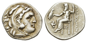 Kings of Macedon. Antigonos I Monophthalmos. Circa 320-301 BC. AR Drachm (17,1 mm, 4,2 g) Lampsakos. Head of Herakles to right, wearing lion skin head...
