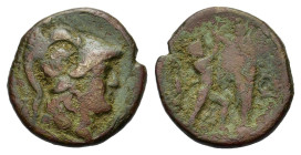 Kings of Macedon. Antigonos II Gonatas. Æ (19 mm, 5 g) Uncertain Macedonian mint. Helmeted head of Athena to right. R/ Pan standing to right, erecting...