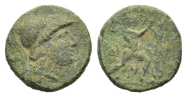 Kings of Macedon. Antigonos III Doson. 229-221 BC. Æ (16,5mm, 4,00gr.). Uncertain mint in Macedon. Helmeted head of Athena right. R/ Pan right, erecti...