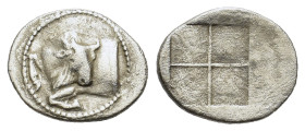 Macedon, Akanthos for Dion. 470-390 BC. AR Tetrobol (19mm, 2.50 gr). Forepart of bull left, head right; ΔΙ above. R/ Quadripartite incuse square. SNG ...