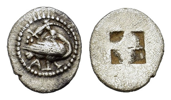 Macedon, Neapolis. 480 - 460 BC. AR Trihemiobol (11mm, 0.90 gr). Goose standing ...