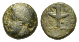 Macedon. Amphipolis. Circa mid 4th century BC. Æ (15 mm, 5,7 g). Laureate head of Apollo to left. R/A-M/Φ-I Racing torch; all within linear square. AM...