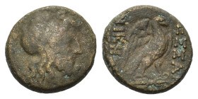 Macedon. Thessalonica. 187-168 BC. AE (21mm, 9,00gr.). Laureate head of Zeus to right. R/ ΘΕΣΣΑΛΟ/ΝΙΚΗΣ Eagle, wings displayed, standing right on thun...