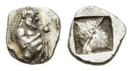 Thraco-Macedonian Region, Siris. 525- 510 BC. AR 1/8stater (9,5mm, 1.00 gr). Satyr without tail crouching right; pellets flanking. R/ Rough incuse squ...