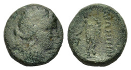 Thrace, Maroneia. 1st century BC. Æ (16,5mm, 6,30gr.). Wreathed head of Dionysos right R/ ΜΑΡΩΝΙΤΩΝ Dionysos standing half-left, holding grapes and na...