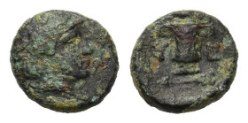 Thrace. Kypsela. 420-380 BC. AE (12mm 1,80gr.) Head of Hermes right,
wearing petasos. R/ Κ - Υ Ψ - Ε. Diota (two-handled cup); grain-ear
above, caduce...