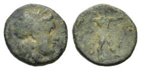Epeiros. Ambrakia. 238-168 BC. AE (20mm, 7,30gr.). Laureate head of Apollo to right. R/ A-M B-P Zeus advancing right, preparing to hurl thunderbolt he...