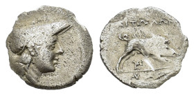 Aitolia, Aitolian League. 205-150 BC. AR Triobol (15mm, 2,00 gr.). Head of Aetolia to right, wearing kausia. R/ AITΩΛΩN Calydonian boar running to rig...