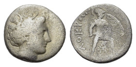 Lokris, Lokri Opuntii. 3 rd century BC.  AR Triobol (16mm, 2,30gr.). Wreathed head of Demeter right. R/ Ajax, nude but for Corinthian helmet, advancin...