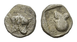 Phokis, Federal Coinage. Circa 485-480. Hemiobol (7mm, 0.40 gr.). Head of a bull to right, turned slightly facing. R/ Corinthian helmet to right withi...