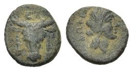 Phokis, Elateia. Early 2nd century BC. Æ (14,5mm, 3,50gr.) Head of bull facing, fillets hanging from ears; EΛ above R/ ΦΩKEΩN, laureate head of Apollo...