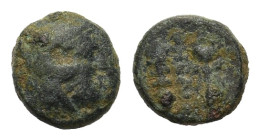 Boeotia, Thebes. 315-288 BC. Æ (11mm, 2,00gr.). Head of
Herakles right, wearing lion skin R/ ΘΗΒΑΙΩΝ Thyrsos and club within shallow circular incuse. ...