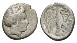 Euboea. Chalkis. Circa 338-308 BC. AR Drachm (16mm, 3,00 gr.). Head of the nymph Chalkis, her hair in a roll and wearing pendant earring.
R/ Χ-ΛΑ Eagl...