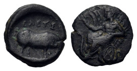 Attica. Eleusis circa 350-335 BC. Dichalkon Æ (15,5 mm, 2,8 g) Triptolemos, holding grain ears, seated left in winged chariot drawn by two serpents. R...