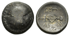Caria, Mylasa. Eupolemos, Strategos . 295-280 BC. Æ (17,5 mm, 4,5 g). Three overlapping Macedonian shields, the outer two with spearheads in the cente...