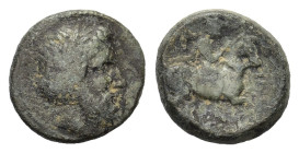 Thessaly. Krannon. 400-350 BC. Æ (18mm, 5,00gr.). Laureate head of Zeus to right. R/ KPA-N-ΩNI Horseman to right, wearing petasos and cloak billowing ...
