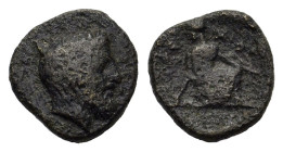 Thessaly, Kierion. Circa 400-360 BC. Æ Chalkous (13,4 mm, 2,3 g) Head of Zeus right, wearing tainia. R/ Arne half-kneeling to her left, playing with k...