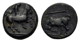 Thessaly, Krannon. Circa 350-300 BC. Æ Chalkous (14 mm, 2,6 g). Thessalian warrior on horse rearing right. R/ bull butting left; above, trident left. ...