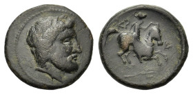 Thessaly, Krannon. Circa 350-300 BC. Æ Dichalkon (19 mm, 5,3 g). Laureate head of Poseidon right. R/ KP-A, Thessalian warrior on horse rearing right. ...