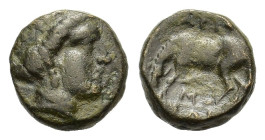 Thessaly, Larissa. 400-344 BC. Æ (12 mm, 2,3 g) Head of nymph Larissa r., with hair bound and rolled, and wearing earring; symbol behind head is off f...