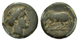 Thessaly, Larissa. Circa 380-337 BC. Æ (16,5 mm, 3,8 g) Head of the nymph Larissa to right, wearing earring. R/ Horse grazing to left. Rogers 294; SNG...