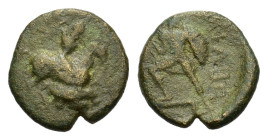 Thessaly, Pelinna. Circa 425-350 BC. Æ Chalkous (13,8 mm, 1,8 g). Warrior on horse rearing right, preparing to hurl spear. R/ ΠΕΛΙΝ, warrior standing ...