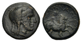 Thessaly, Pelinna. Circa 300-250. Æ Dichalkon (17,7 mm, 5 g) Head of Mantho veiled r. R/ Helmeted Thessalian rider charging r. with couched lance. BCD...