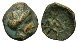 Thessaly, Trikka. Circa 400-344 BC. Æ Chalkous (15,3 mm, 3,5 g). Head of nymph right. R/ Warrior, holding shield and spear, advancing right. Cf. Roger...