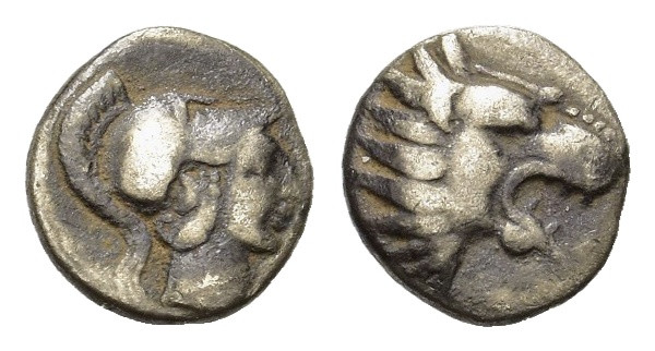 Pisidia. Selge 350-300 BC. AR Obol (8,9 mm, 0.70 g). Head of a lion to left. R/ ...