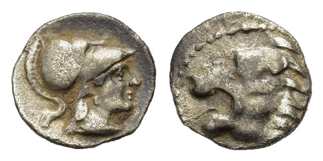 Pisidia. Selge. Circa 350-300 BC. AR Obol (9 mm, 0.5 g). Head of a lion to left....