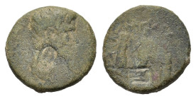 Boeotia, Tanagra. Augustus. 27 BC -14 AD. Æ (21mm,
6,00gr.). Bare head right; countermark: winged caduceus R/ The 3
Charites (Aglaia, Ephrosyne, Thale...