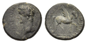Corinthia. Corinth. Tiberius 14-37 AD. AE (19mm, 6,50gr.)
A VATRONIO LABEONE IIVIR. Laureate head of Tiberius left. R/ RVTILIO PLANCO IIVIR COR. Pegas...
