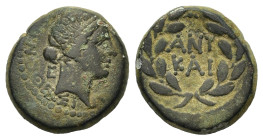 Macedon, Thessalonica. Mark Antony. 41 - 37 BC. Æ (20mm, 9,50gr.) ΑΓΩΝΟΘΕ ΣΙΑ Head of Agonothesia, E in field. R/ ANT - KAI, in two lines within wreat...