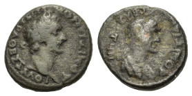 Domitian, with Domitia AD 81-96. Æ Diassarion (18,5 mm, 6,4 g) Thessaly. Koinon of Thessaly. ΔΟΜΙΤΙΑΝΟΝ ΚΑΙCΑΡΑ ΘΕCCΑΛΟΙ, laureate head of Domitian ri...